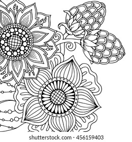 Floral card. Hand drawn artwork with abstract flowers. Background for web, printed media design. Mehendi henna doodle style.