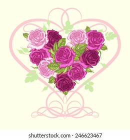 Floral card. Illustration of heart made of flowers roses. Vector. Victorian style. Congratulations to the St. Valentine's Day or wedding invitation.