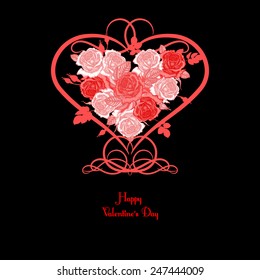 Floral card. Illustration of heart made of flowers. Vector. Victorian style. Black and white. Congratulations to the St. Valentine's Day.
