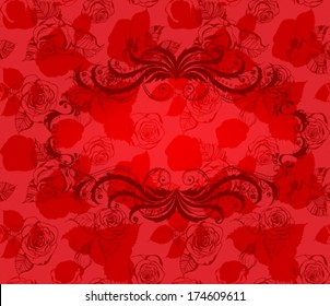 Floral card, invitation with decorative frame of stylized leaves with space for text on background with pattern with hand - drawn roses