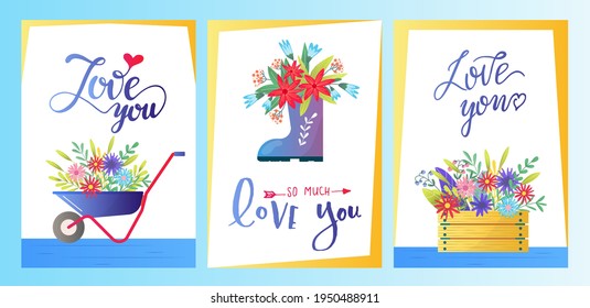 Floral card invitation design, vector illustration. Spring gardening background, greeting poster with flower set. Poster with cartoon frame