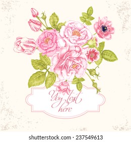 Floral card. Invitation. Vector. Retro. Victorian style. Wedding bouquet. Rose pink. Rose flower. Bouquet of roses, peonies, anemones, tulips, bells. Rose bush. Rose vector. Wedding invitation.