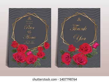 Floral card for invitation wedding and greeting cards with  roses flower and gold frame -vector