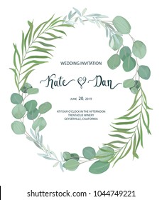 Floral card with leaves. Greenery frame.Rustic style. For wedding, birthday, party, save the date. Vector illustration. watercolor style