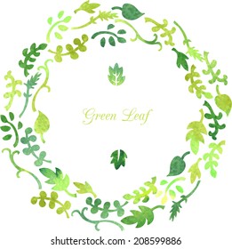 floral card with leaves painted by watercolor, wreath of green plants, vector illustration