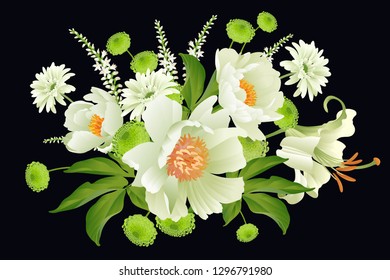 Floral card luxury pattern Delicate pastel white garden aster peonies black background Flora vintage style Vector bouquet and wreaths garden flowers Template for business cards, posters, signs, flyers