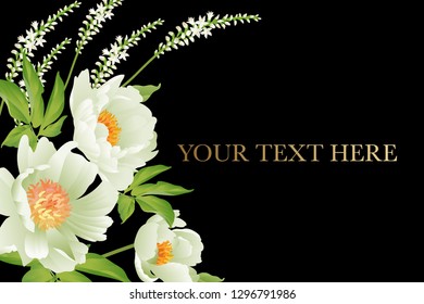 Floral card luxury pattern Delicate pastel white garden peonies black background Flora vintage style Vector bouquet and wreaths garden flowers Template for business cards, posters, signs, flyers
