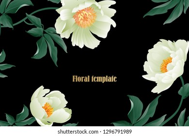 Floral card luxury pattern Delicate pastel white garden peonies black background Flora vintage style Vector bouquet and wreaths garden flowers Template for business cards, posters, signs, flyers