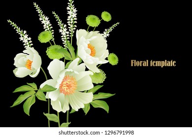Floral card luxury pattern Delicate pastel white garden aster peonies black background Flora vintage style Vector bouquet and wreaths garden flowers Template for business cards, posters, signs, flyers