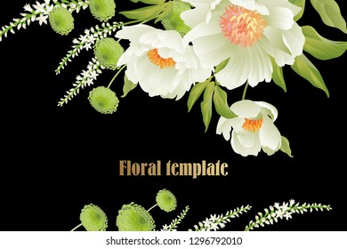 Floral card luxury pattern Delicate pastel white garden aster peonies black background Flora vintage style Vector bouquet and wreaths garden flowers Template for business cards, posters, signs, flyers