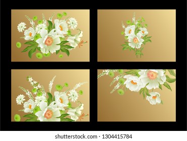 Floral card luxury pattern set. Delicate pastel white garden aster peonies gold background. Flora vintage style. Vector bouquet and wreaths garden flowers. Template for business posters, signs, flyers
