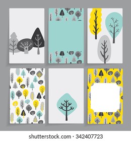 Floral  card. Modern tree design in six different combinations. It contains blue and yellow elements.
