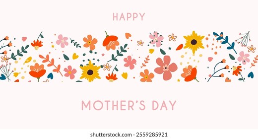 Floral card for mother's day. Blooming flowers on white background.