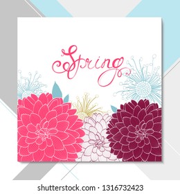 Floral card on  abstract background. Invitation template for wedding ceremony, greeting, element for design. Vector pattern with hand-drawn flowers dalias.