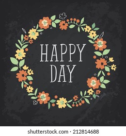 Floral card on chalkboard. Cover, frame, message. Cute card design