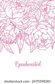 Floral card. Outline engraved peonies, postcard design. Blossomed flowers, vertical background in detailed retro style. Vintage garden blooms drawing, natural poster. Hand-drawn vector illustration