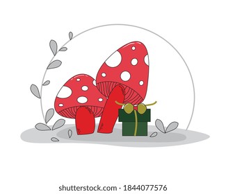 floral card with pastel colour, mushroom and gift box