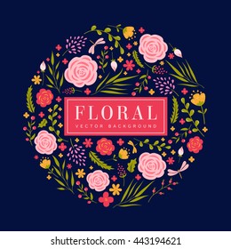 Floral card with place for text. Background with cute flowers and label. Vector illustration.
