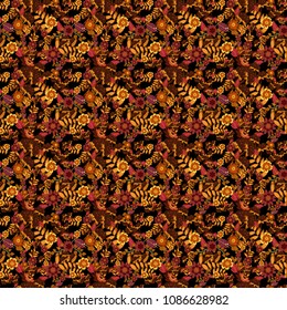 Floral card. Red, brown and orange spring flowers. Wedding invitation template. Greeting card. Floral wall art painting for home. Vector abstract flowers. Floral seamless pattern.