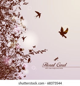 floral card with rose branches and birds