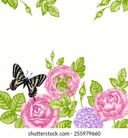 Floral card. Roses, butterfly. Wedding invitation. Vector. Retro. Victorian style.