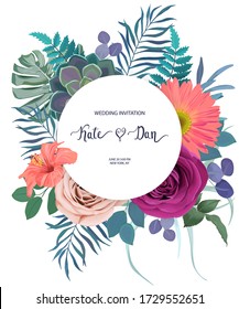 Floral card  with roses, cactus, eucaluptys branch, hibiscus, jungle leaves and herbs for wedding.  Vector illustration