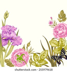 Floral card. Roses, irises, butterfly. Wedding invitation. Vector. Retro. Victorian style.