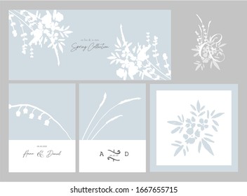 Floral card set with hand drawn different flowers and botanicals for wedding stationery arrangement or social media advertising backgrounds  or other purposes