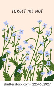 Floral card with spring flowers, wildflowers. Botanical postcard background design, beautiful blossomed forget me nots, delicate garden summer plants. Colored flat vector illustration