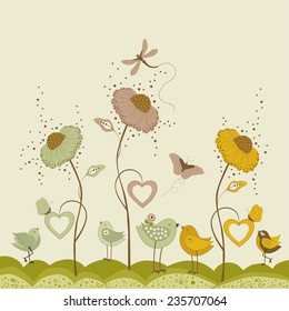 Floral card with stylized flowers, butterflies and hearts