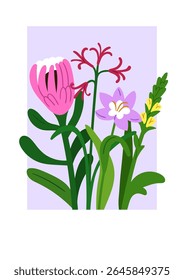 Floral card. Summer flower blossoms, garden blooms mix on framed background. Spring nature poster, gorgeous beautiful delicate gentle buds, stems. Botanical romantic flat vector illustration