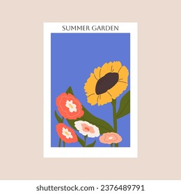Floral card, sunflower. Summer garden flowers on poster. Abstract plants on vertical postcard, wall arts with botanical print. Background with blossom, flora in frame. Nature flat vector illustration