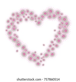 Floral card template of abstract flowers arranged in heart shape; pink and green colours isolated on white background. Creative design of vector illustration.