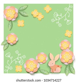 Floral card template with blank or empty field. Paper cut vector illustration. Spring background.