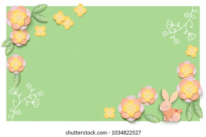 Floral card template with blank or empty field. Paper cut vector illustration. Spring background.