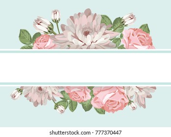 Floral card template with blank or empty frame. Chrysanthemums, and roses on light green color for your romantic design. Vector illustration.