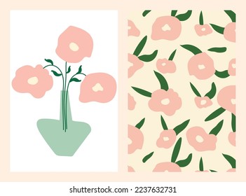 Diseño de plantillas de tarjetas florales. Establecer la ilustración de las flores rosadas en una vasa y un patrón floral.