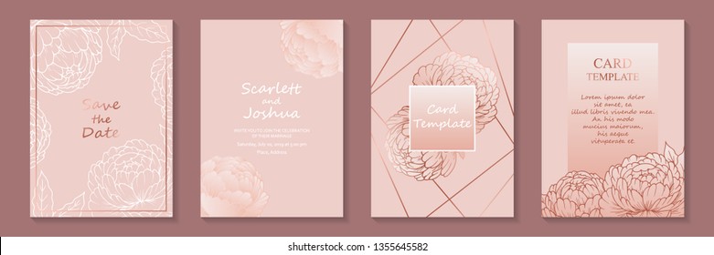 Floral card template designs for wedding invitation, rsvp or greeting card with peonies and rose gold elements on a pink background.