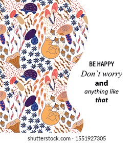 Floral card template. Floral greeting card fall beautiful bright leaves, branches, flowers, acorns, fox, hedgehog, dots, spirals, blooming vector banner. Perfect for wedding invitations, greeting card