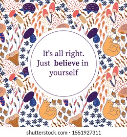 Floral card template. Floral greeting card fall beautiful bright leaves, branches, flowers, acorns, fox, hedgehog, dots, spirals, blooming vector banner. Perfect for wedding invitations, greeting card