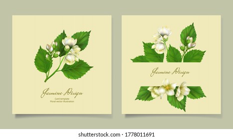 Floral card template with jasmine. Vector illustration for design greeting cards, wedding invitations, natural cosmetics, packaging and tea.