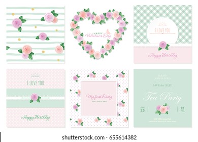 Floral card templates set. Birthday, valentines, wedding, baby shower, notebook cover. Patterns and frames.