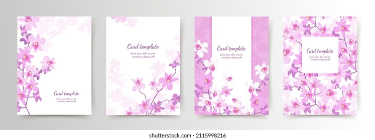 Floral card templates set. Pink orchids on a white background. Vector illustration for banners, greeting cards, posters, covers, cosmetics packaging, wedding invitations, social media template