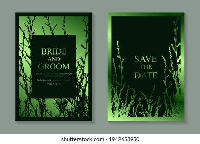 Floral card templates for wedding or bithday greeting or presentation or certificate with metallic plants or grass on a dark green background.