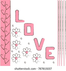 Floral card with text Love. Vector illustration.