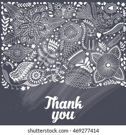 Floral card "Thank you" design, flowers and leaf doodle elements on chalkboard background