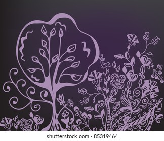 Floral card with tree and flowers