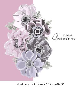 Floral card vector Design: garden flower lavender pink gray Anemone with leaves forest bouquet print. Wedding rustic Invitation elegant invite on lilac and white background.