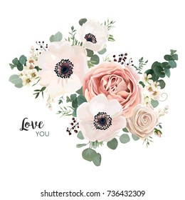 Floral card vector Design: garden flower lavender pink peach Rose white Anemone wax green Eucalyptus thyme leaves elegant greenery, berry, forest bouquet print.Wedding rustic Invitation elegant invite