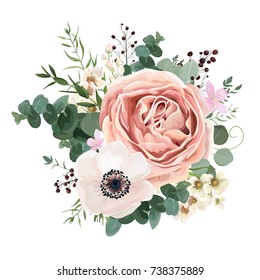 Floral card vector Design: garden flower lavender pink peach Rose white Anemone wax green Eucalyptus thyme leaves elegant greenery, berry, forest bouquet print.Wedding rustic Invitation elegant invite